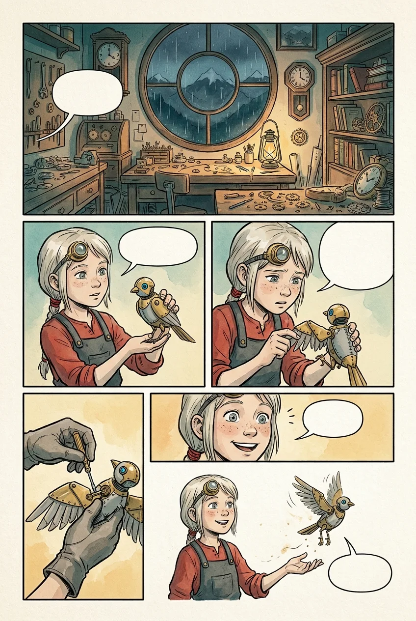 A six-panel comic page: a rainy alpine watchmaker's workshop, a girl repairing a small mechanical bird, and the bird taking flight from her palm