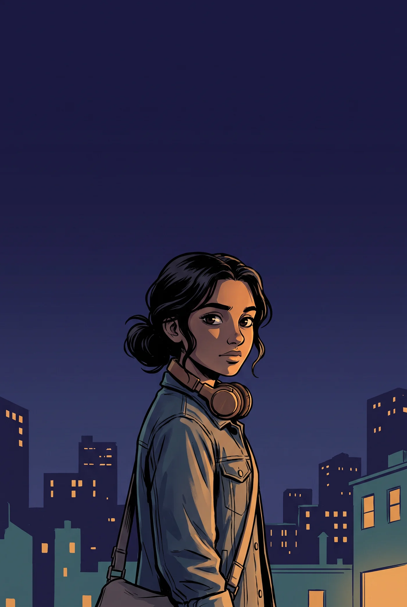 A young-adult graphic novel cover: a girl looking back over her shoulder against a night city skyline, with open space across the top for a title