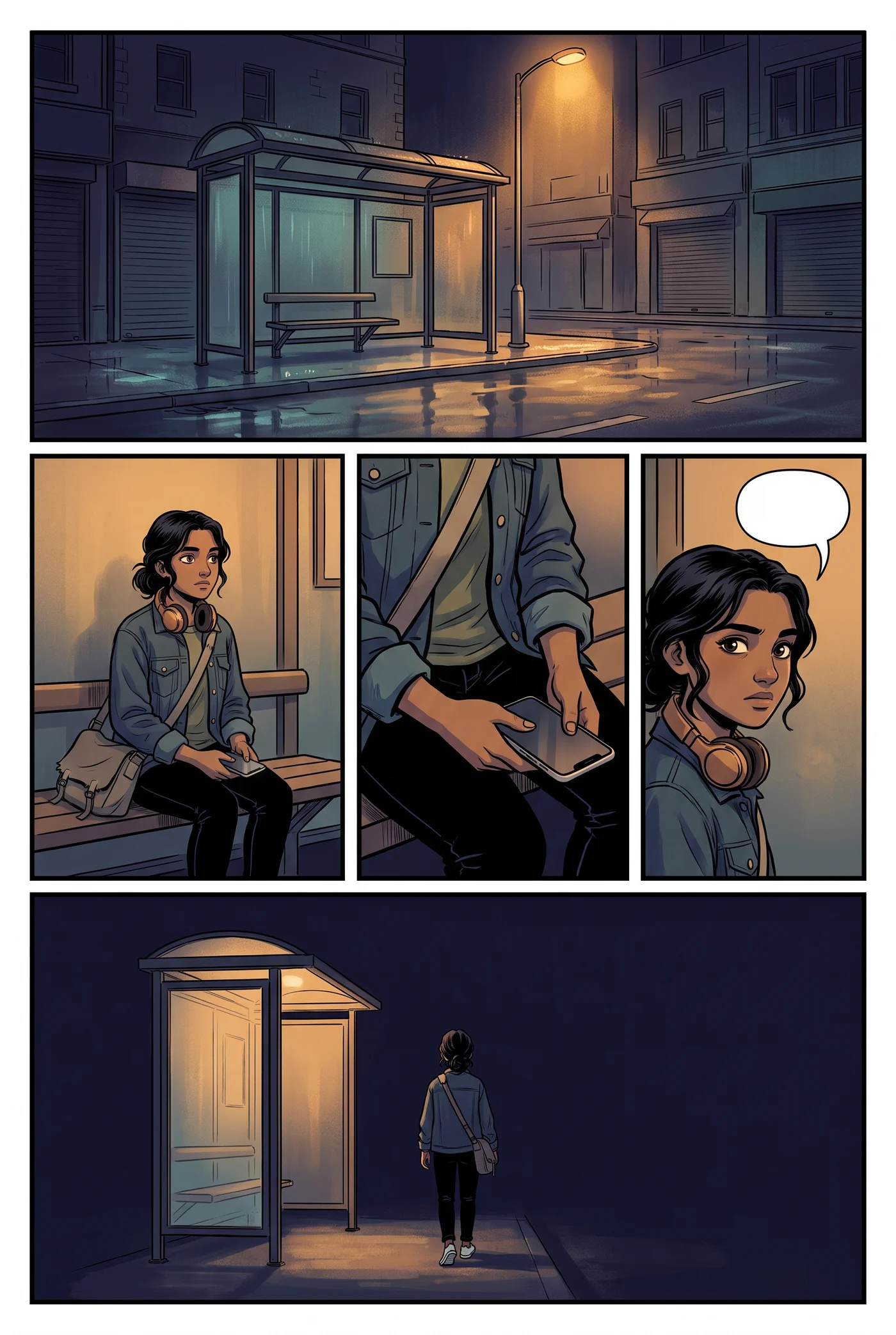 A five-panel young-adult comic page: a rain-wet bus shelter at night, a girl waiting alone, a close-up of her hands, her face turning, and her walking away small in the frame
