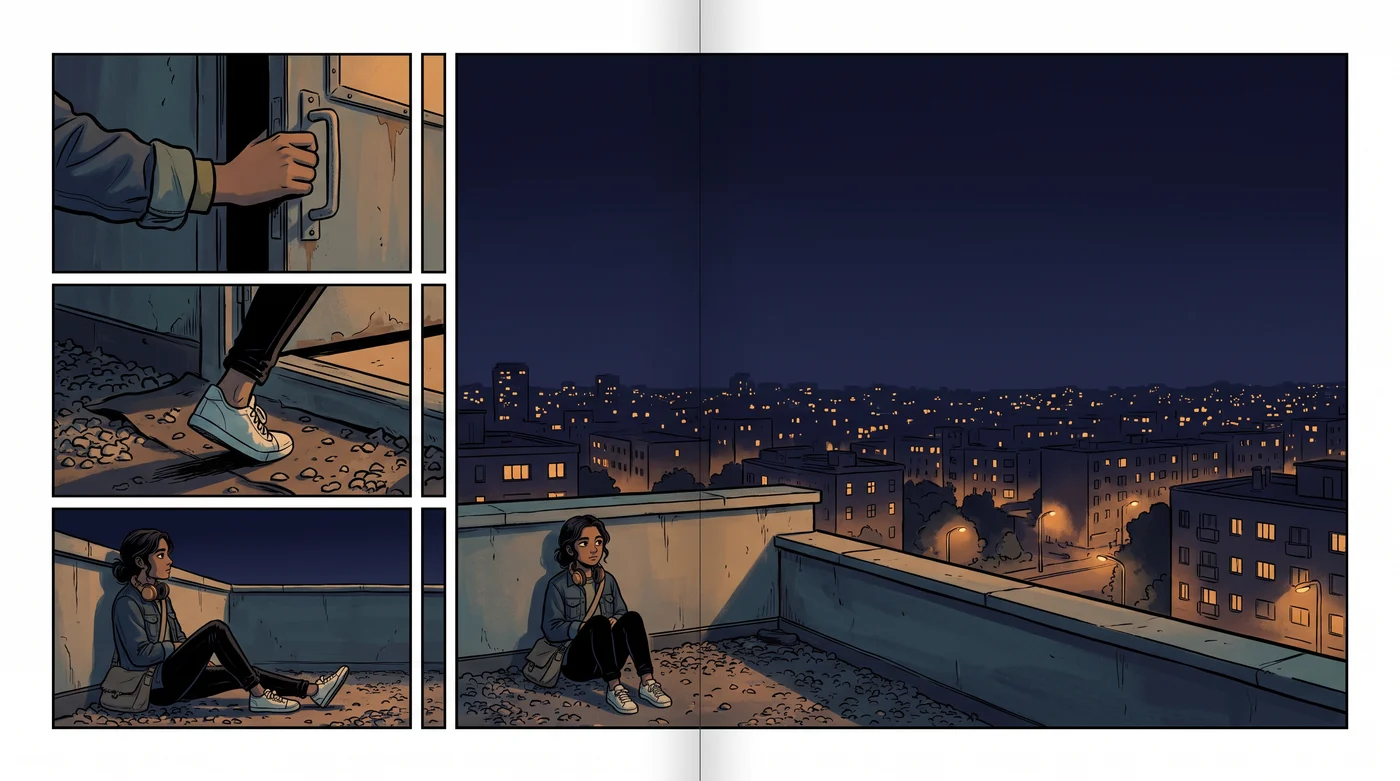 A young-adult graphic novel double-page spread: three narrow panels of a girl reaching a rooftop, beside one large cinematic panel of the city at night