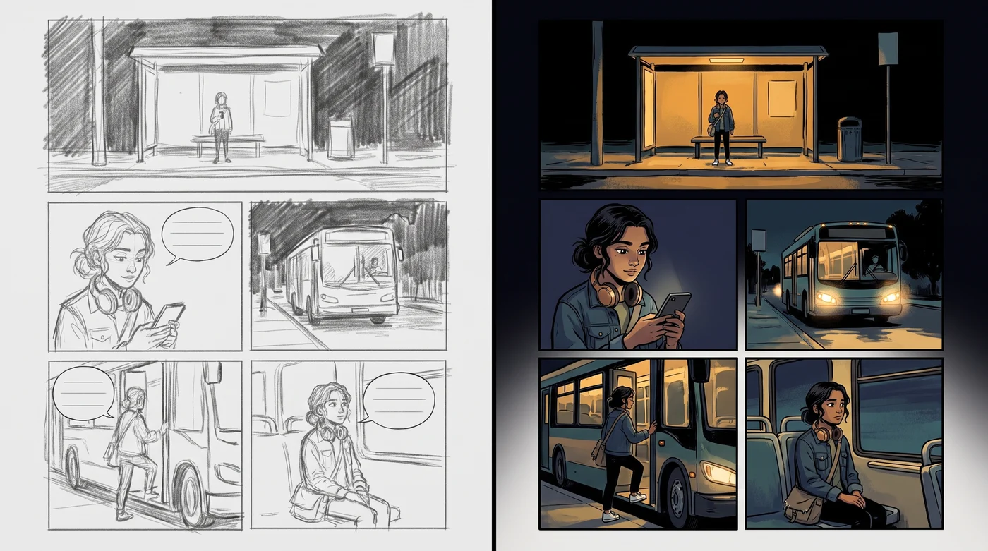 Process comparison: a rough grey pencil thumbnail of a five-panel page beside the identical layout finished in ink and colour