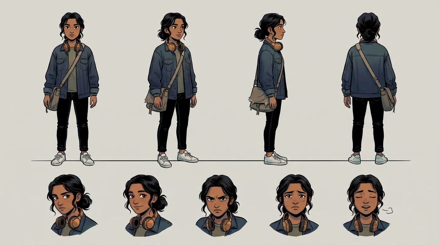 Young-adult character model sheet: a seventeen-year-old girl in a denim jacket and headphones in front, three-quarter, side and back view, with five expression studies below