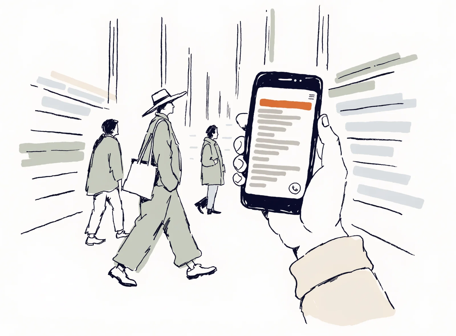 Illustration: a phone in a courthouse corridor showing the firm's ad at the top of an attorney-name search
