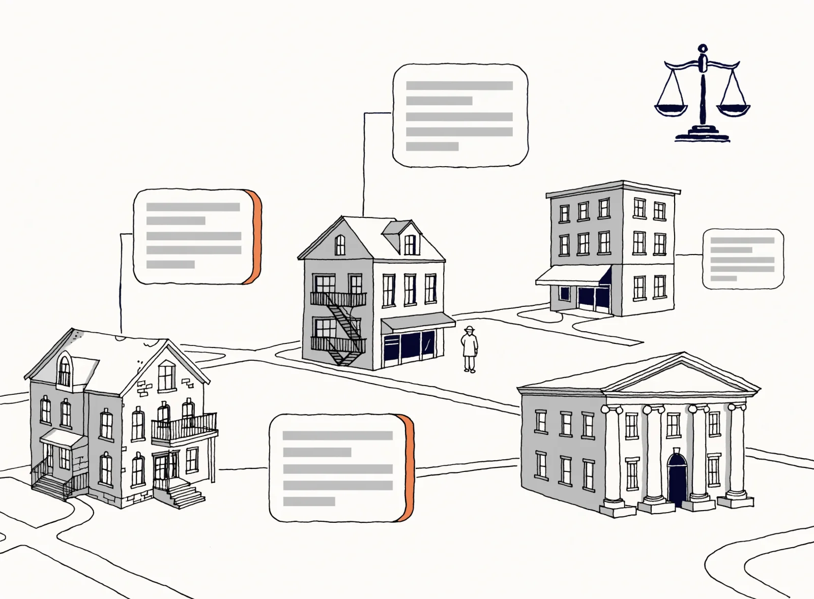 Illustration: three offices and a courthouse on a map, each office linked to its own campaign card