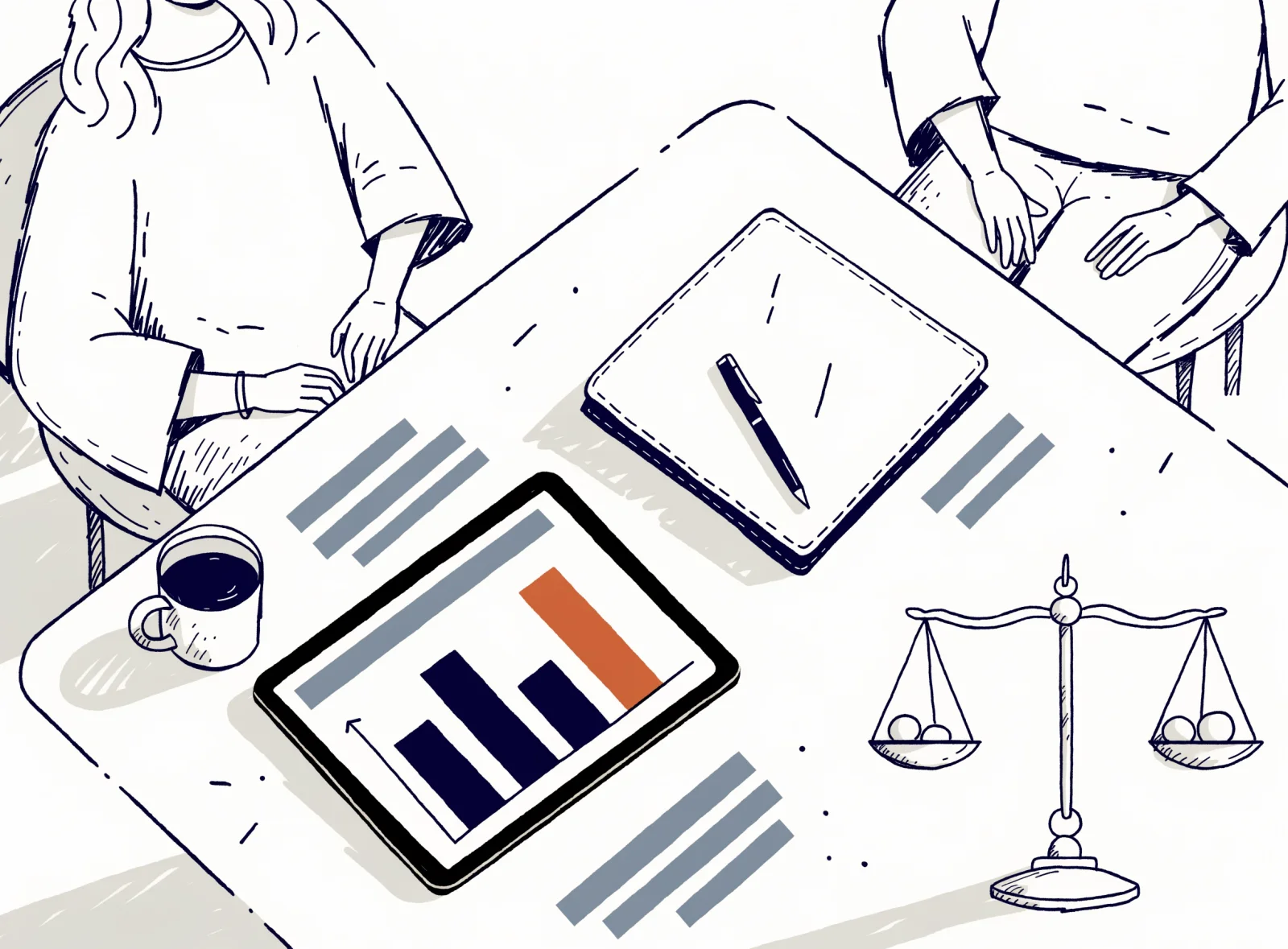 Illustration: a tablet on a partner's desk showing a bar chart per office beside a scales ornament