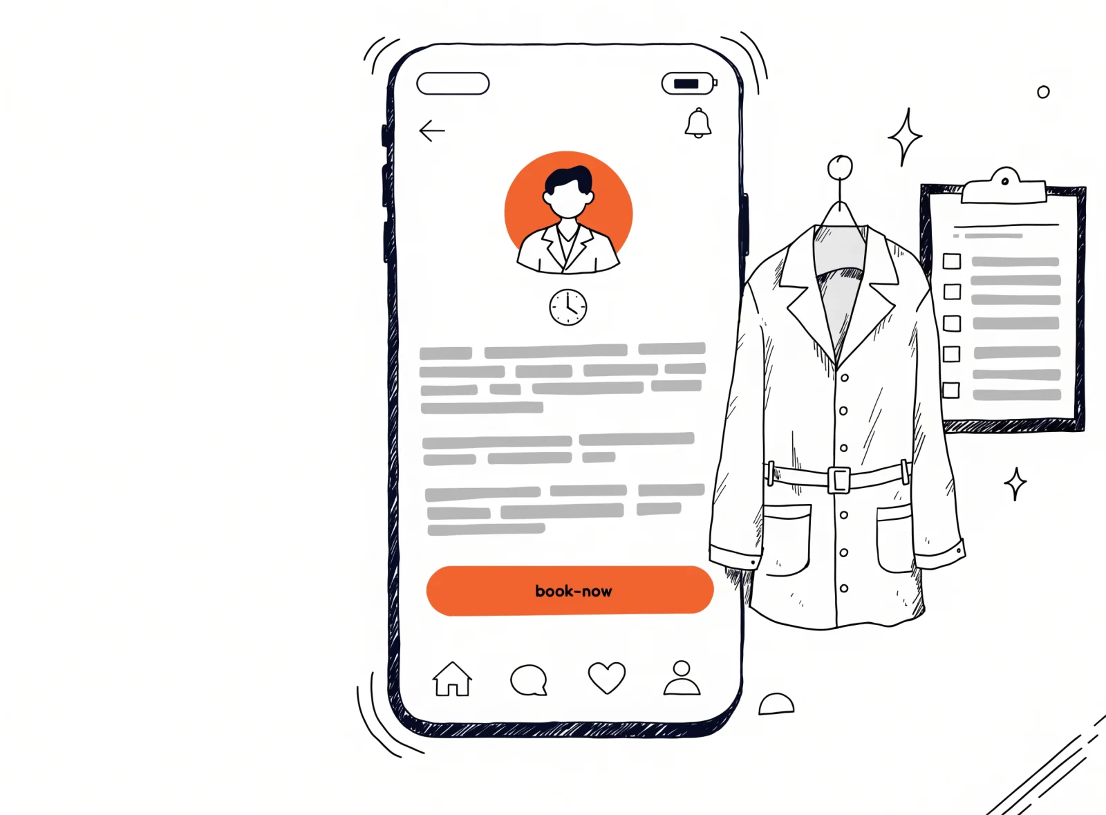 Illustration: a phone showing a clinic same-day visit page with a book button