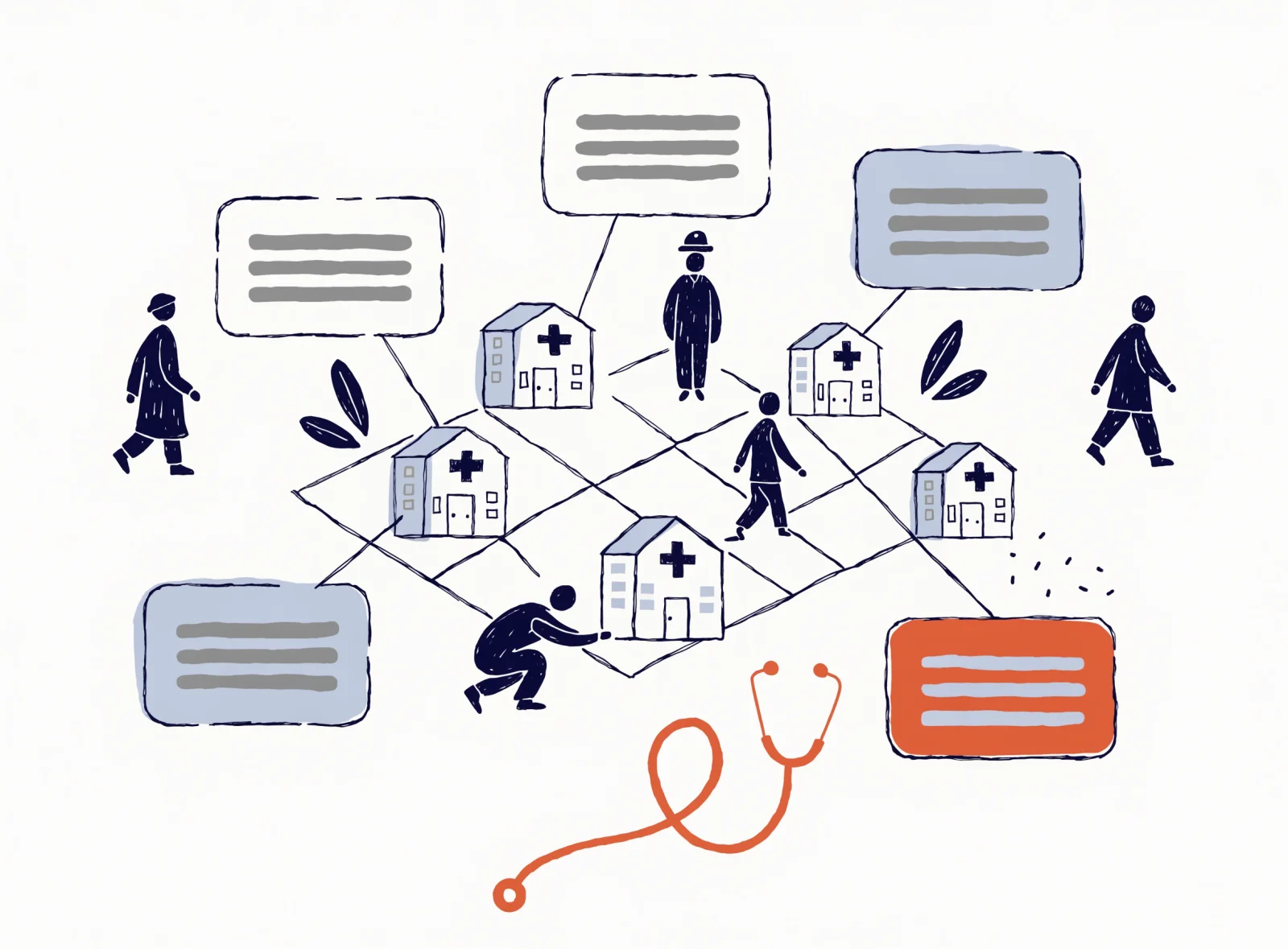Illustration: five clinic buildings on a map, each linked to its own campaign card