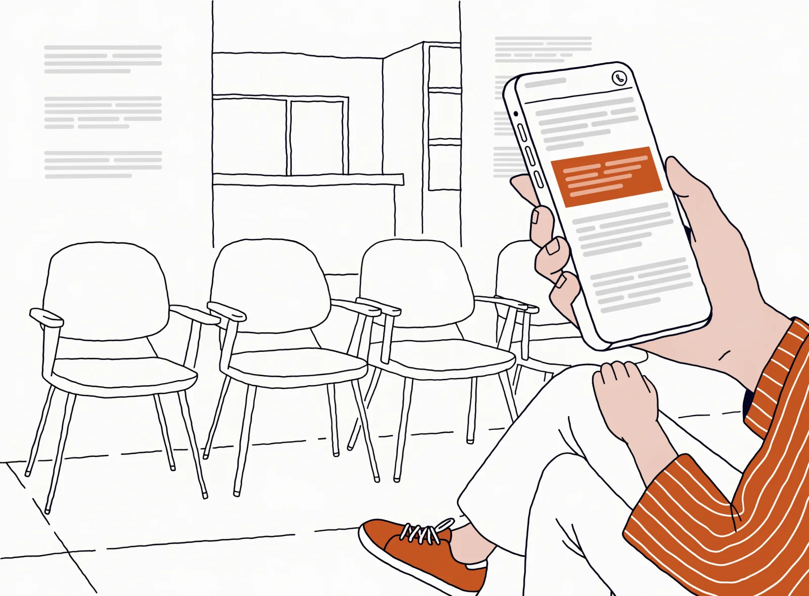 Illustration: a phone in a clinic waiting room showing the practice's ad at the top of a doctor-name search