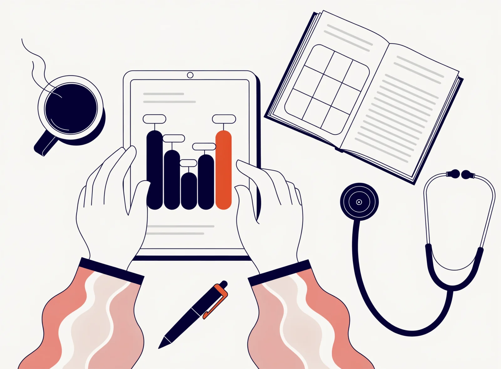 Illustration: a tablet on a desk showing a bar chart per office beside a stethoscope